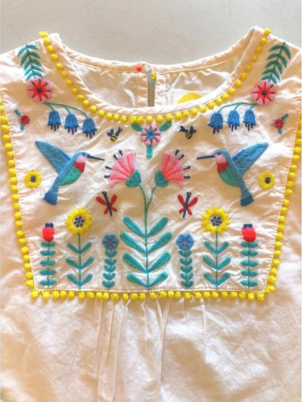 Mini Boden Girls' Embroidered White Cotton Dress with Yellow Trim